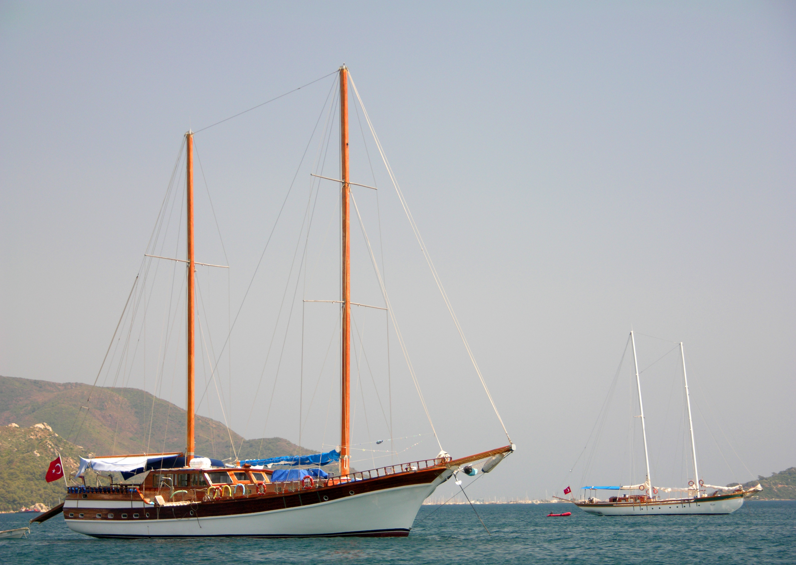 Sailboats moored in bay