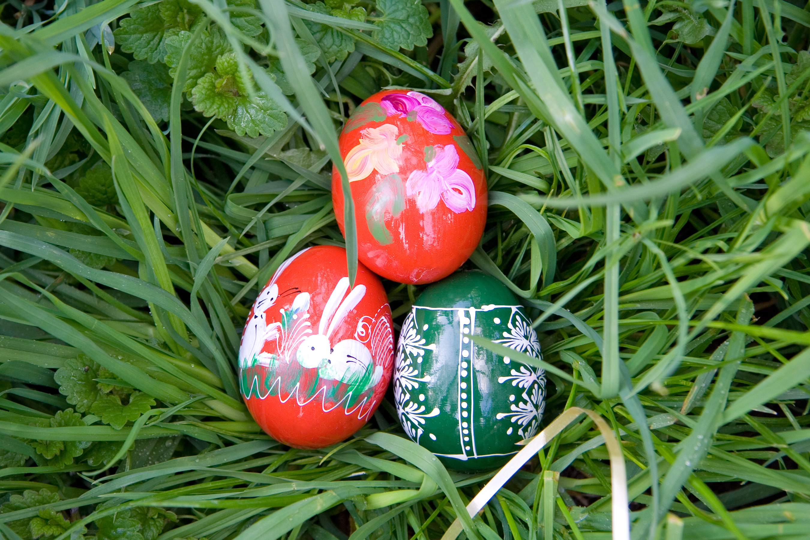 Three Easter eggs in the grass