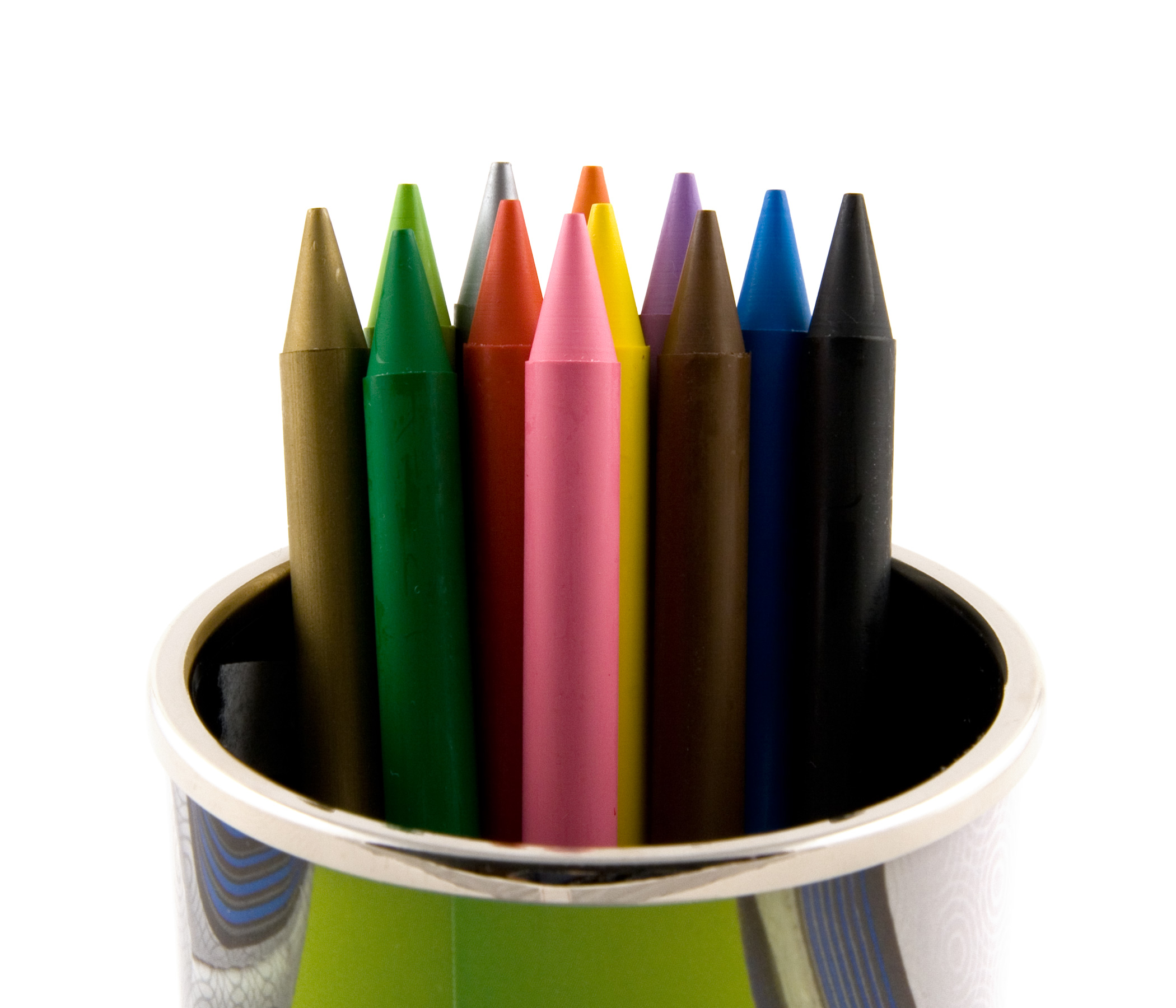 Colored crayons in a bin