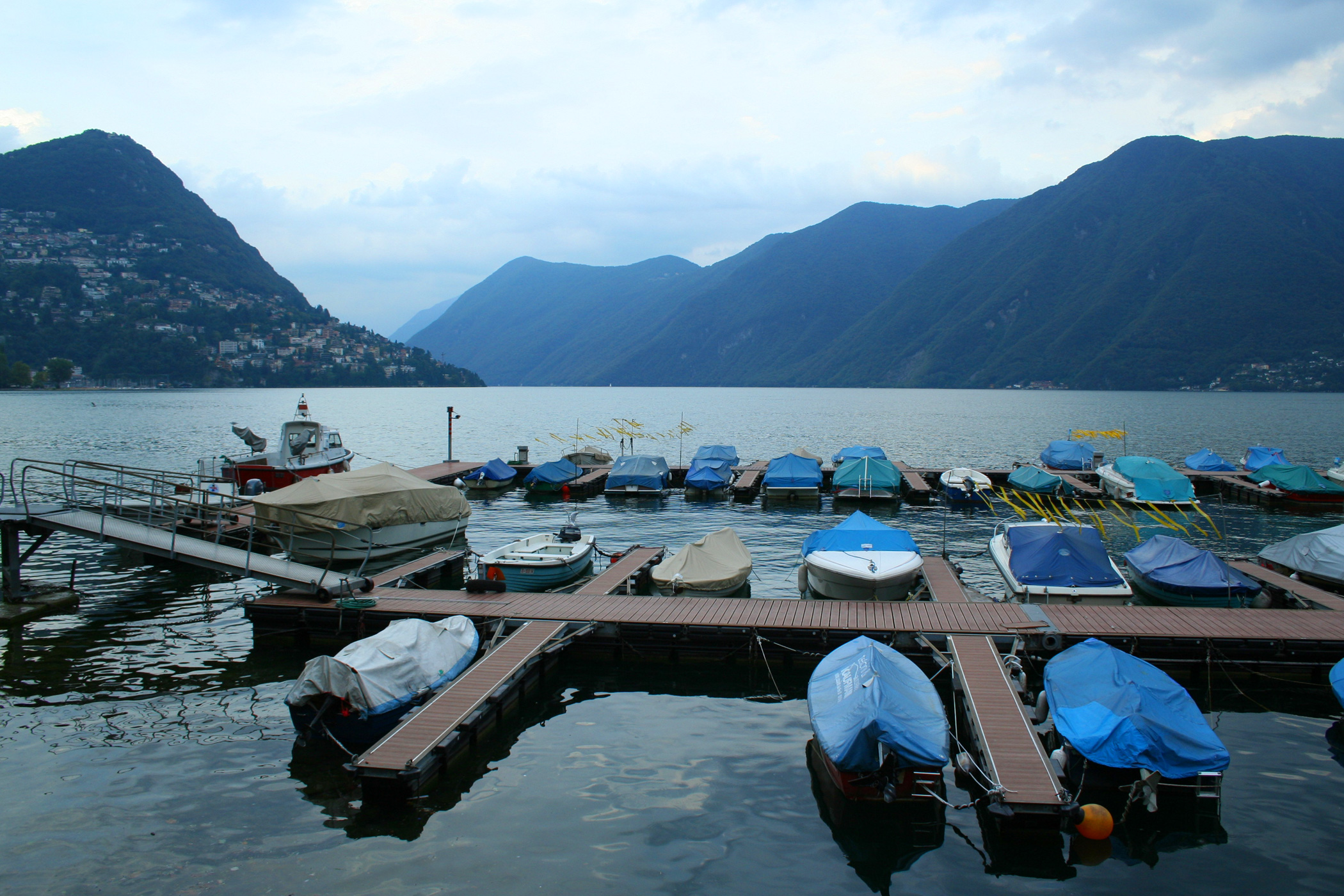 Small boats on a lake in Italy